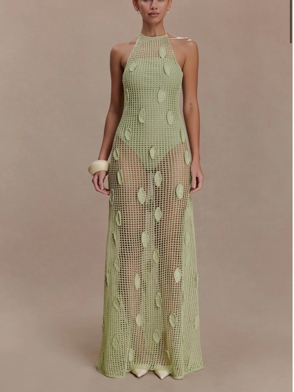 Meshki Sage Green Sheer Knit Halter Maxi Dress WORN ONCE